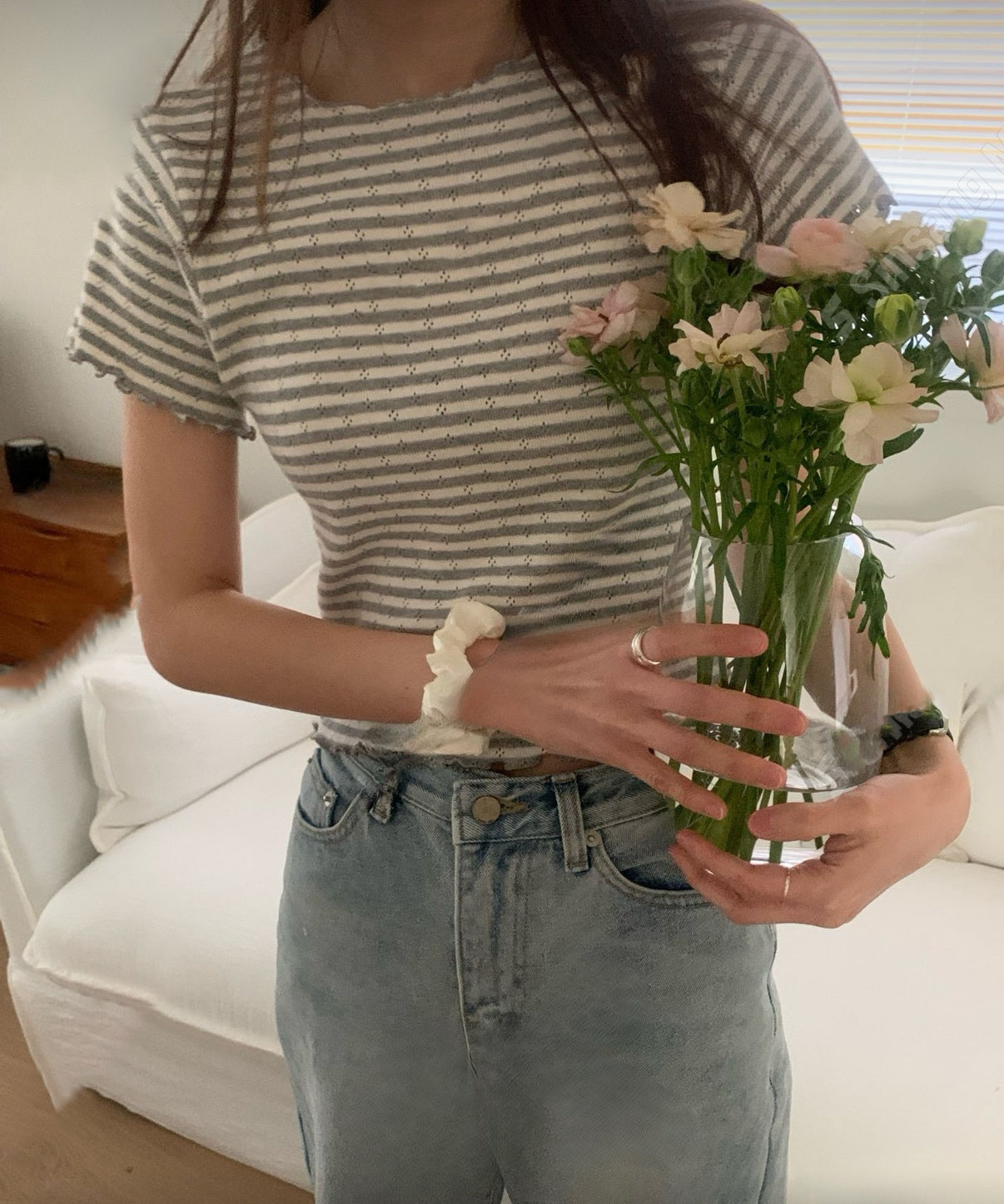 Ruffle邊間條彈性tee