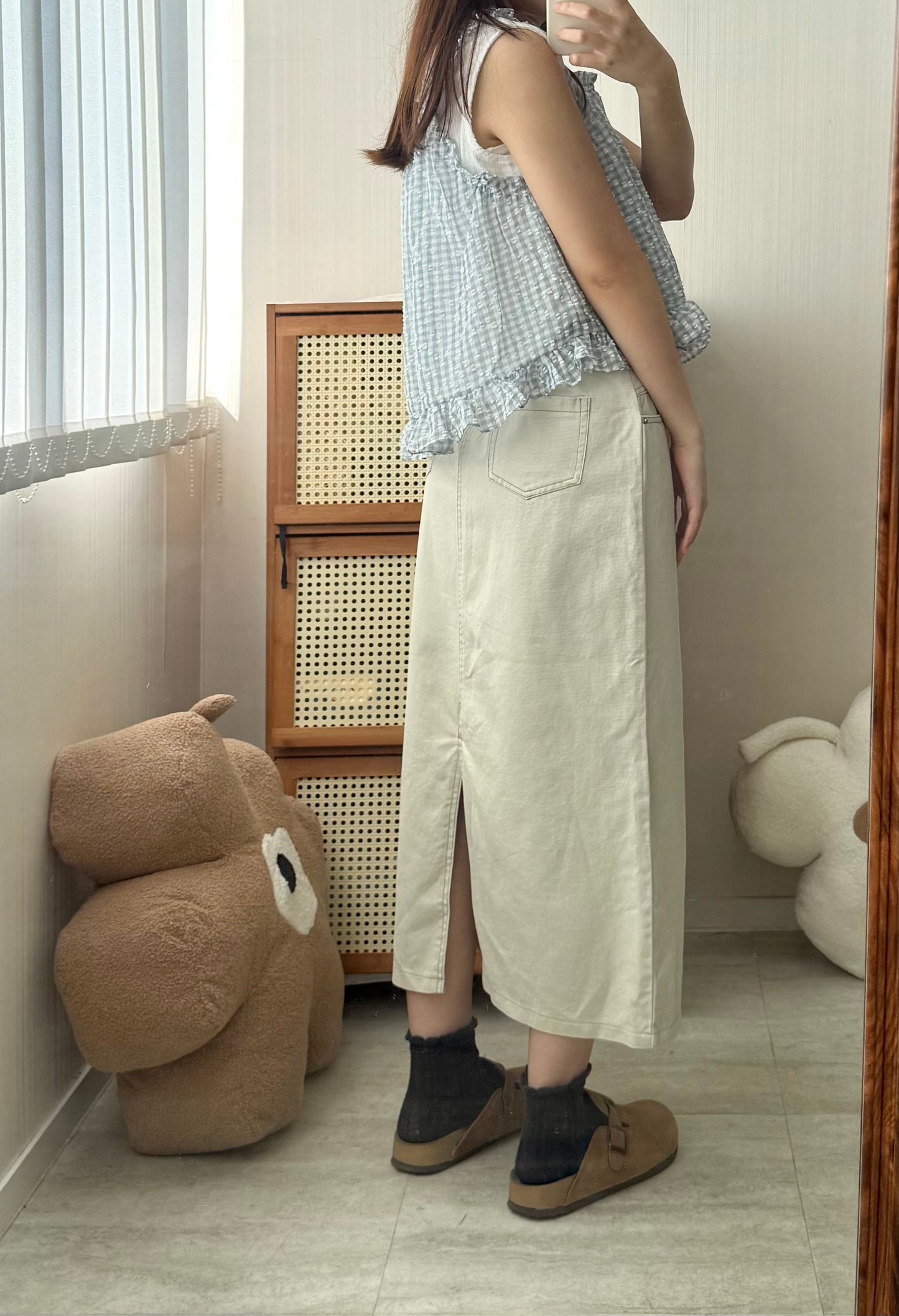 連belt! 直筒後開叉長裙