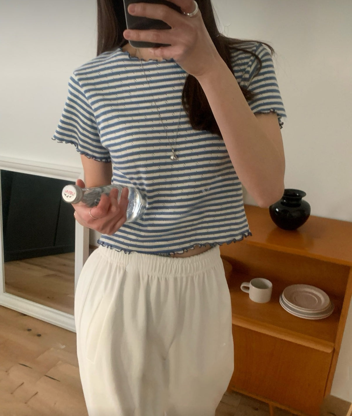 Ruffle邊間條彈性tee