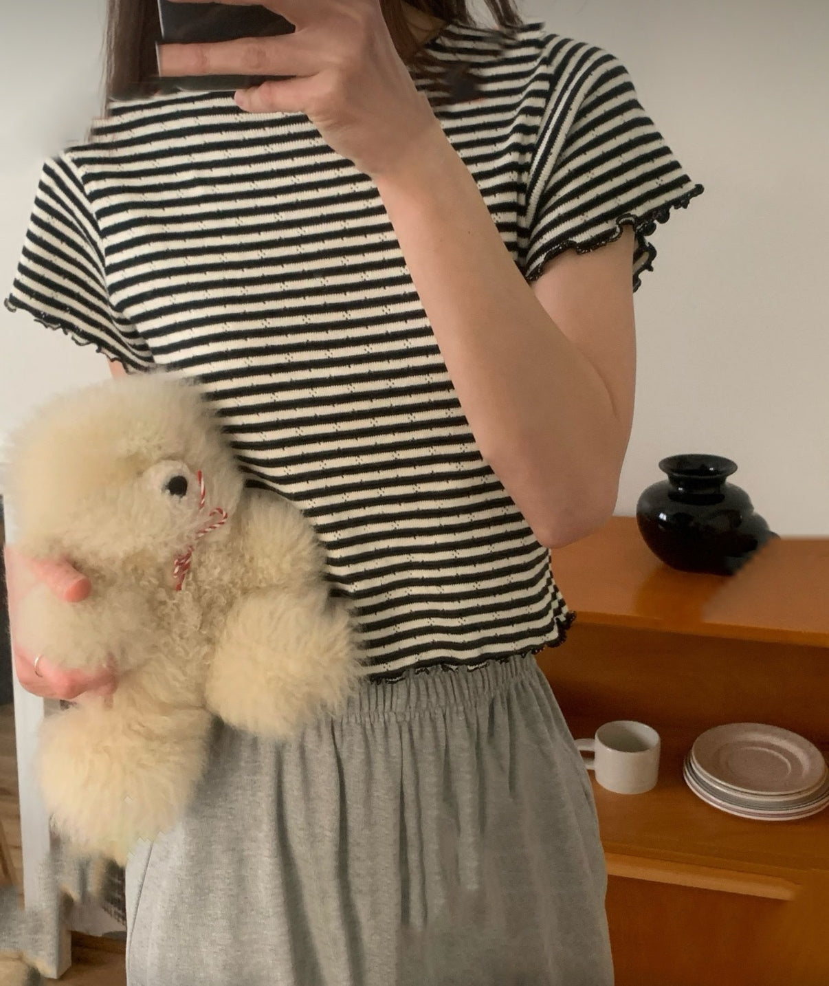 Ruffle邊間條彈性tee