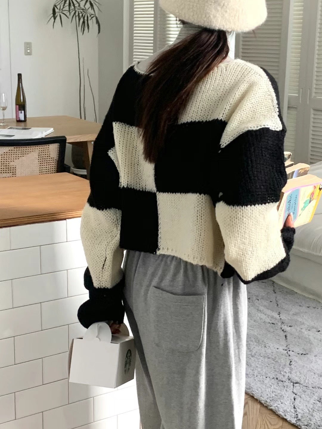 Checkered wool knit top