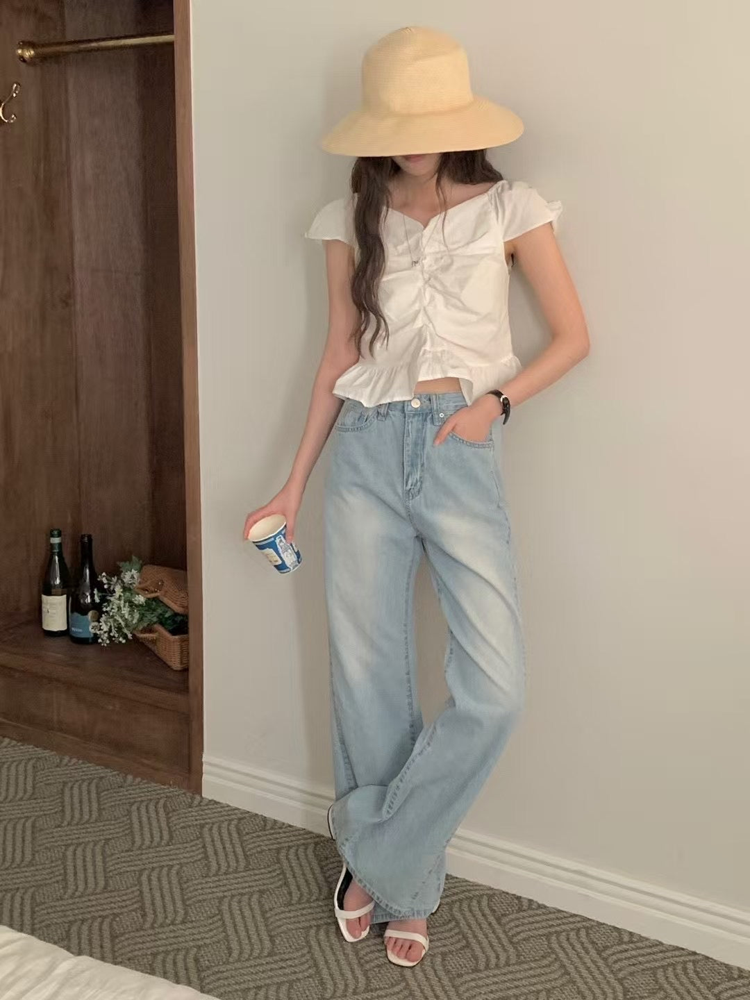 店主自留🩵淺藍微喇叭側寬牛仔褲