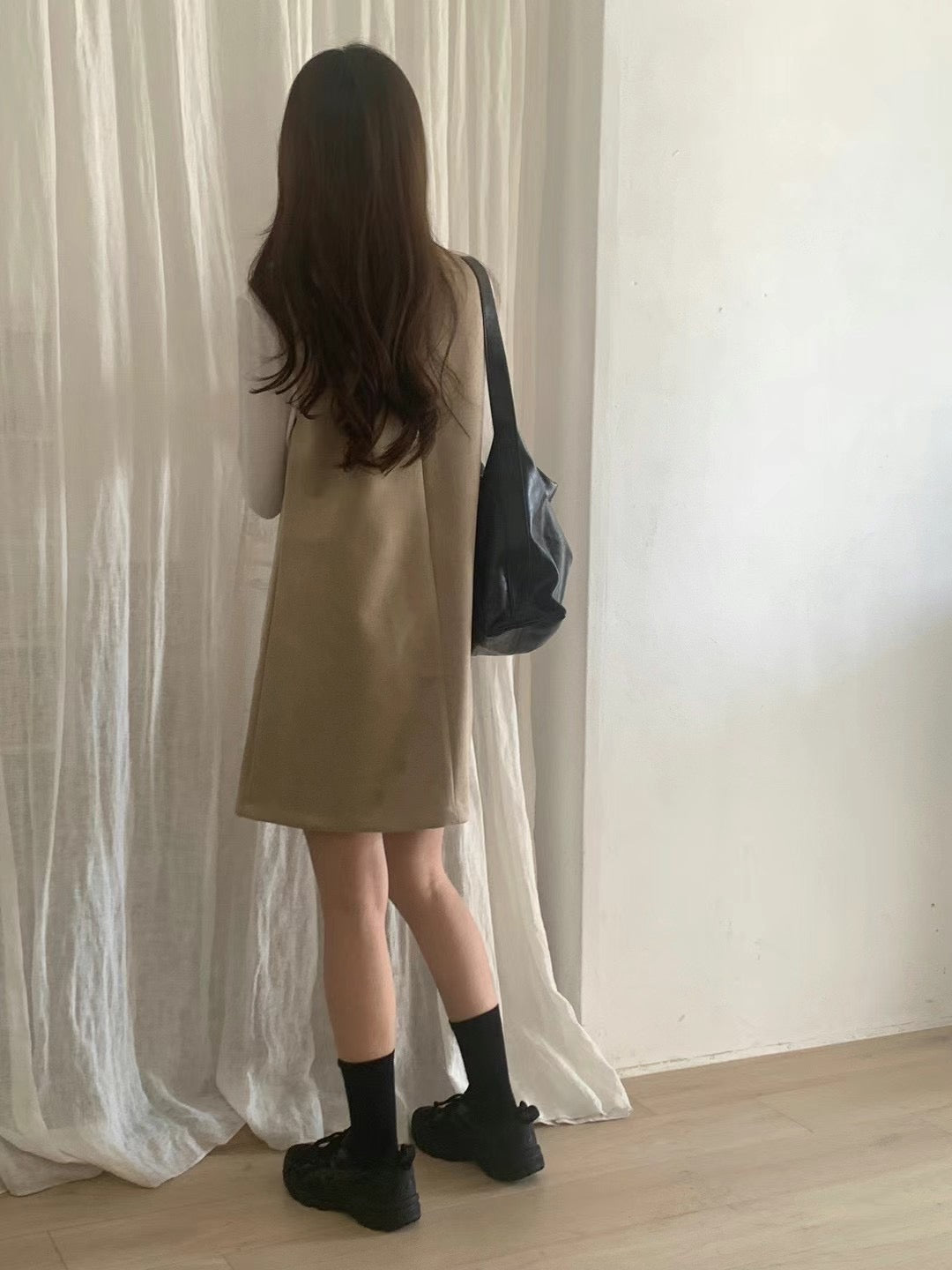 必買!麂皮前口袋連身裙