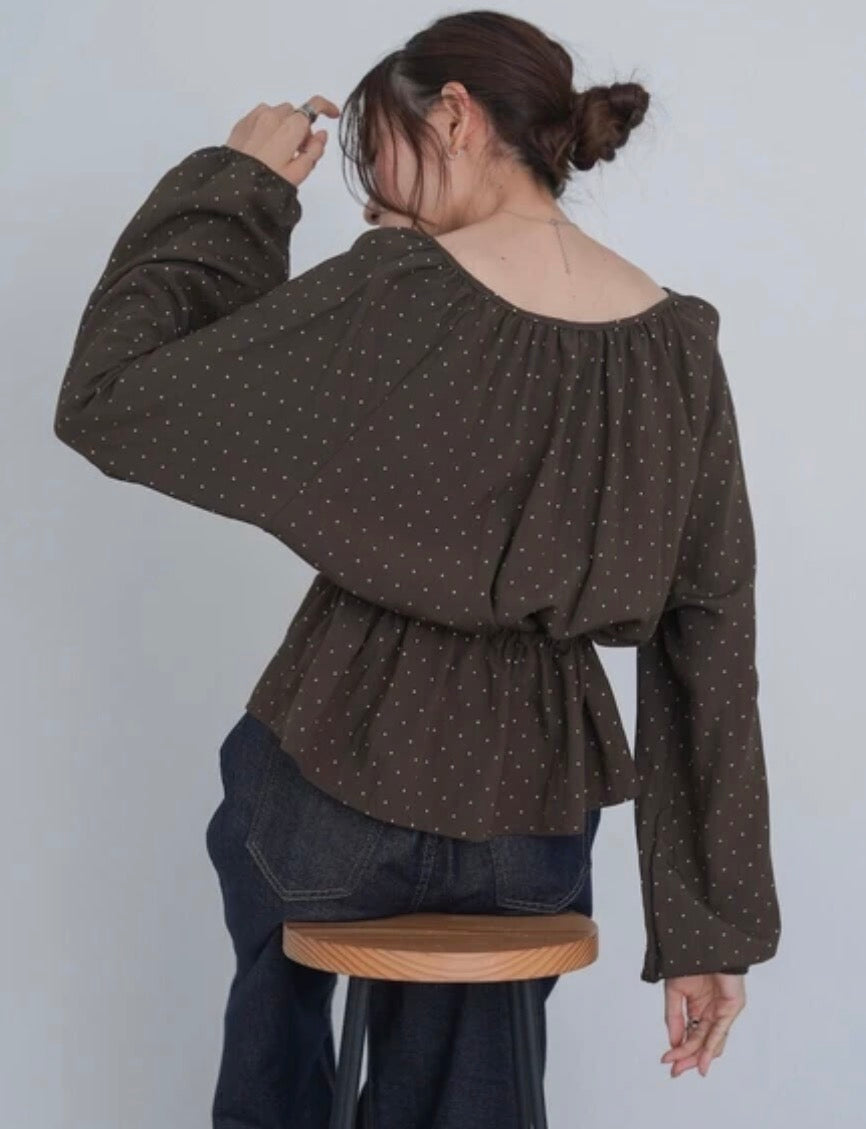 [JP] Dot Waist Shirring Blouse
