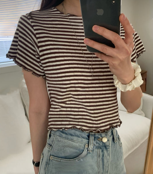 Ruffle邊間條彈性tee