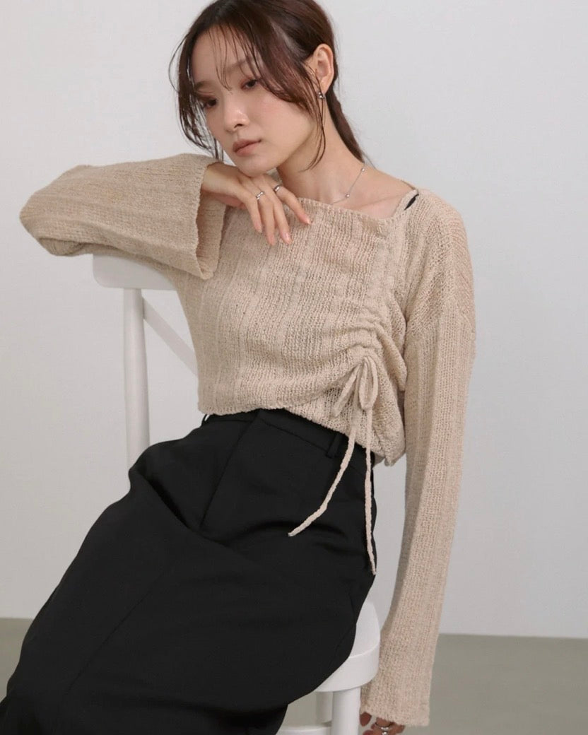 [JP] Shirring Ribbon Cropped Length Tops x Cami Set