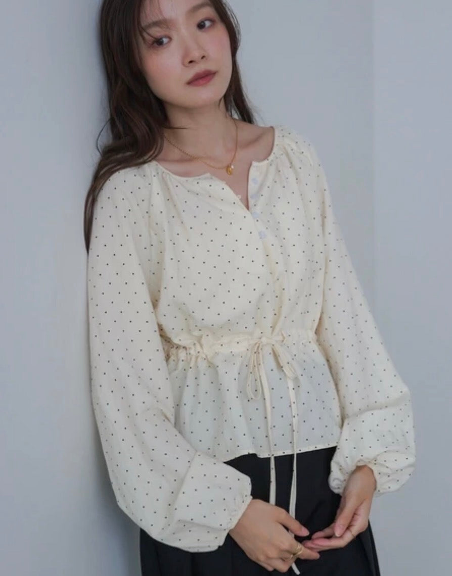 [JP] Dot Waist Shirring Blouse