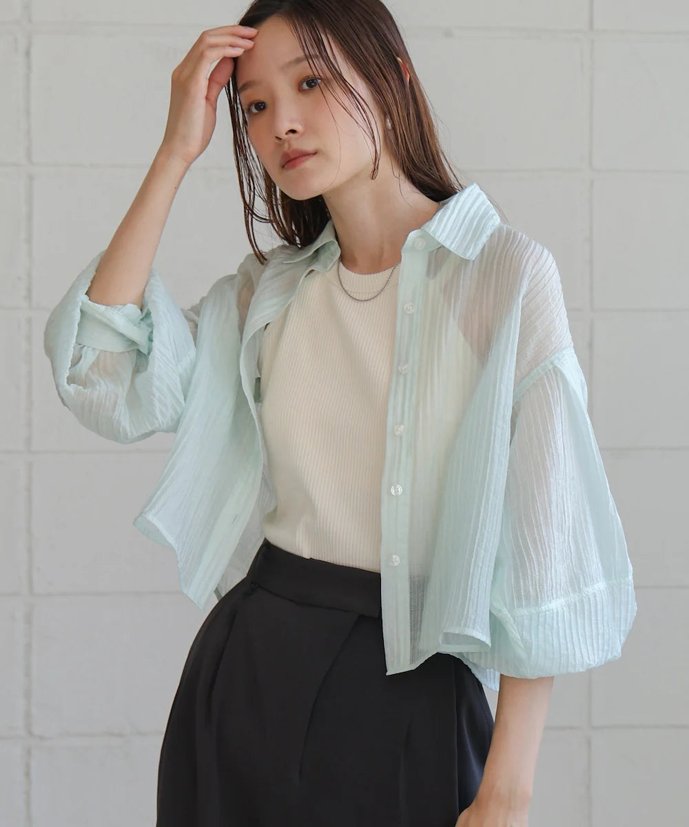 [JP] tuck sleeve compact sheer shirt blouse