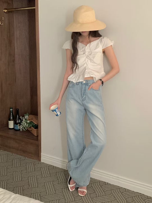 店主自留🩵淺藍微喇叭側寬牛仔褲