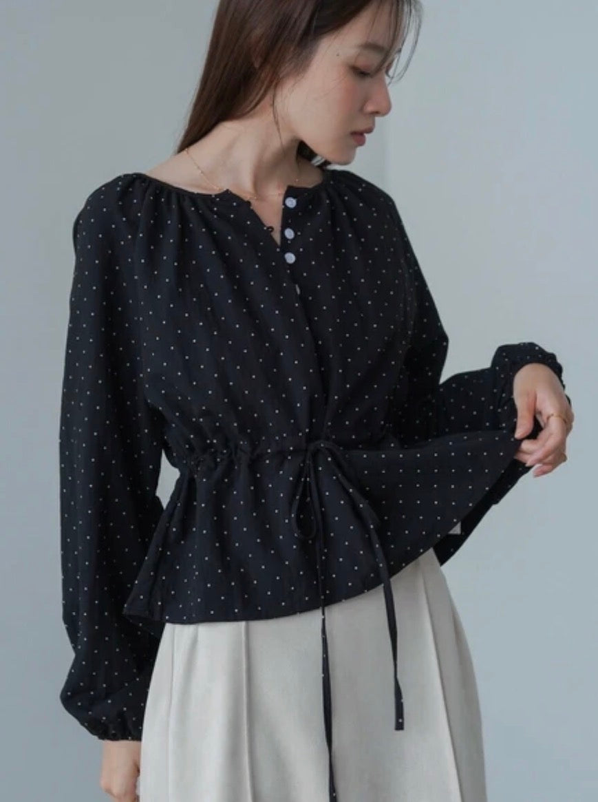 [JP] Dot Waist Shirring Blouse