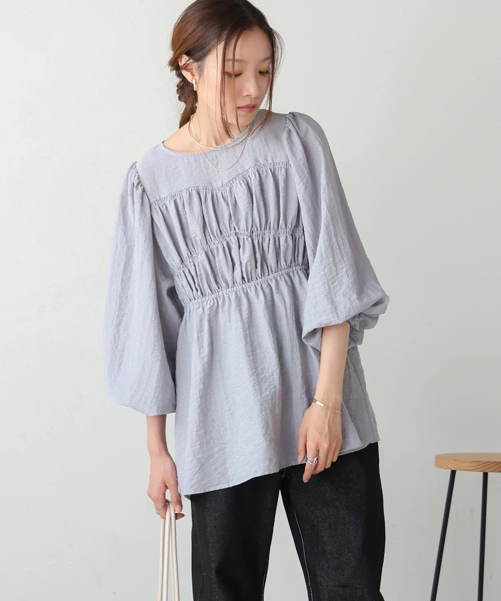 [JP] back ribbon shirred blouse