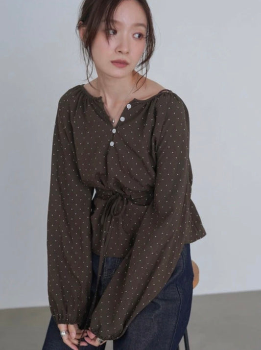[JP] Dot Waist Shirring Blouse