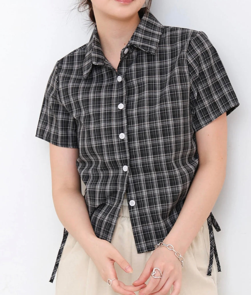[JP] Side ribbon assorted check blouse