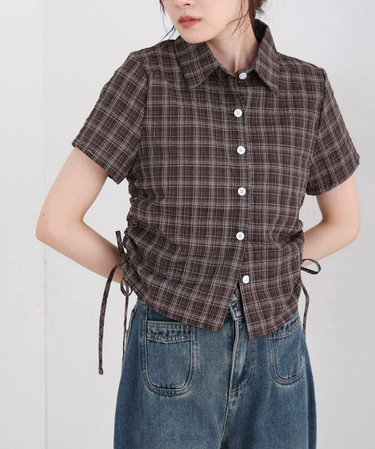 [JP] Side ribbon assorted check blouse