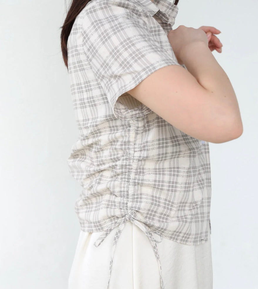 [JP] Side ribbon assorted check blouse
